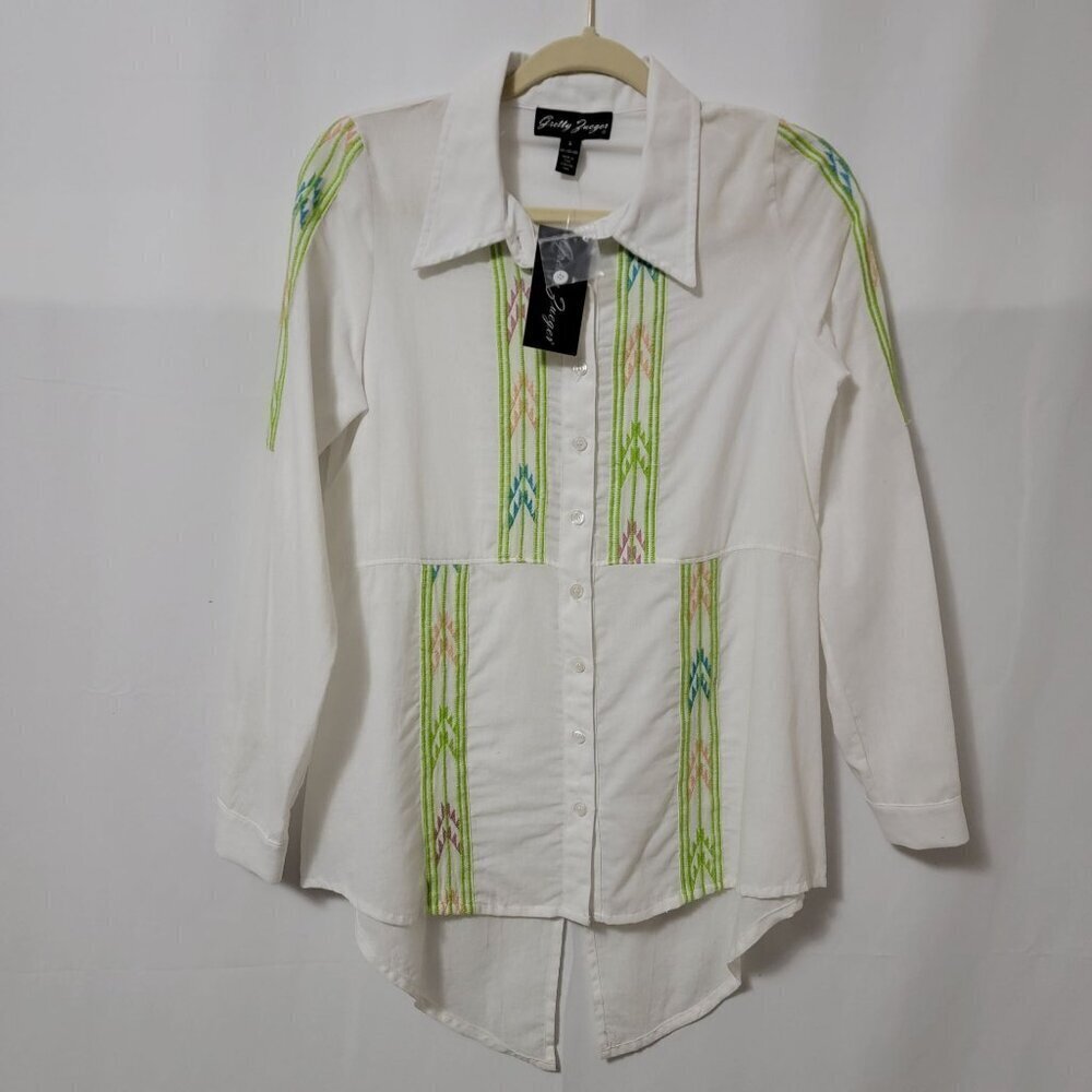 Gretty Zueger Cotton Beachy Colorful Embroidery Long Sleeve Button Up Shirt S